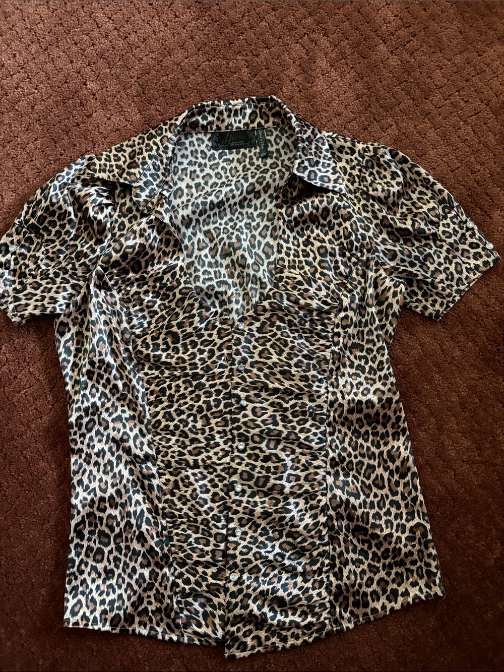 Vintage GUESS Y2K Leopard Rouched Satin Blouse